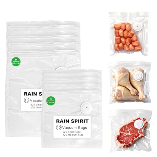 Image of RAIN SPIRIT Reusable Vacuum Sealer Bags for Food, 40 Packs (20 Medium & 20 Small) BPA-Free Food Storage Bags, Leakproof Sous Vide Bags for Freezer, Microwave, Dishwasher Safe, Preserve Freshness