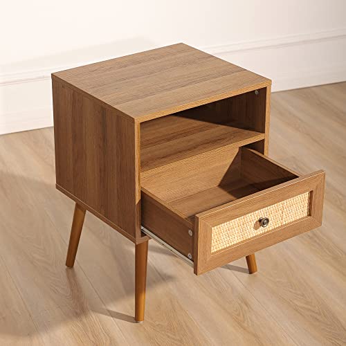 Betterhood Rattan Nightstand, Boho Side Table With Handmade Rattan Decorated Drawer, Mid-Century Modern Nightstand With Open Storage Shelf For Bedroom, Living Room, Natural #TOP2