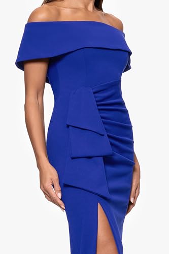 Image of Xscape Women's Off Shoulder Straight Neck Evening Gown with Foldover Cuff, Side Ruffle, Leg Slit, Fitted Formal Dress