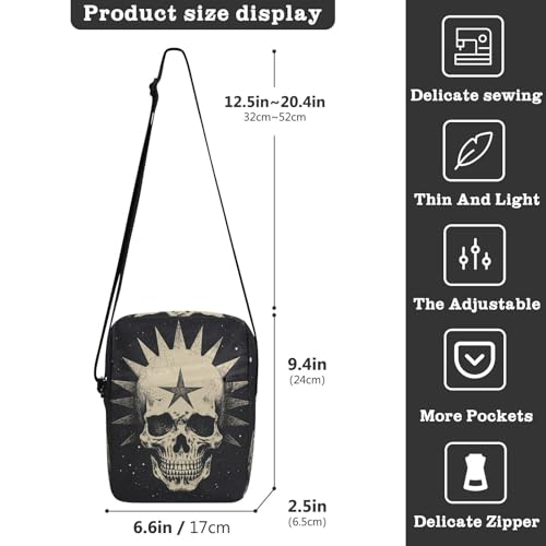 Skull with Star Sling Bag Zipper Closure Crossbody Messenger Bag with Card Phone Passport Compartment 6.6×9.4×2.5 inches3