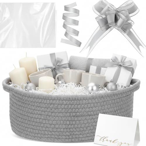 Image of Colingmill Woven Basket with Gift Bags and 2 Ribbons, Raffia Grass Paper Shred Filler, Gift Card, Empty Small Rope Basket for Storage Presents Toy Organizer(Grey,12 * 8 Inch)