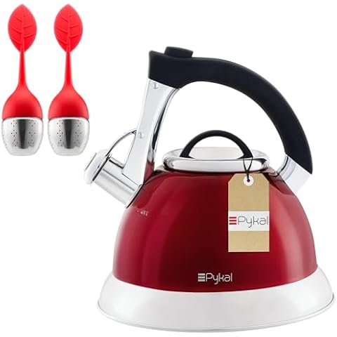 PYKAL Whistling Kettle - 3L Stainless Steel Tea Kettle with iCool Handle - 5-Walled Teapot with 2 Infuser Strainers - also for Induction, Gas Hob or Electric Stove Top - Red Cover