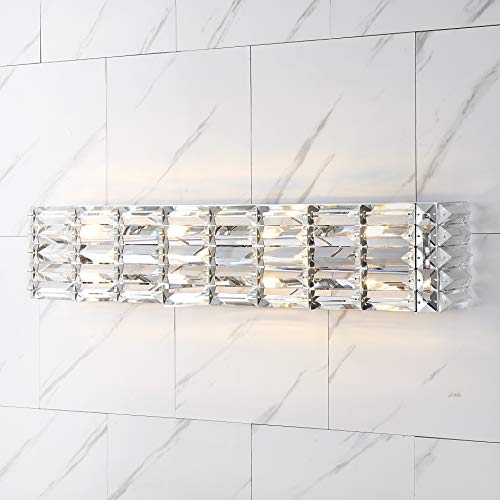 Image of JONATHAN Y 31.75 inch Chrome Modern Crystal Vanity Light, LED Bathroom Wall Sconce, 4-Light Fixture for Mirror, Glam Lighting with Clear Crystal Shade, Art Deco Makeup Wall Lamp (JYL7541A)