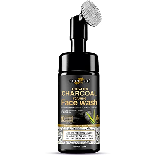 Elibliss Charcoal Foaming Face Wash with Built-In Face Brush for Deep Cleansing – No Parabens, Sulphate, Silicones & Color