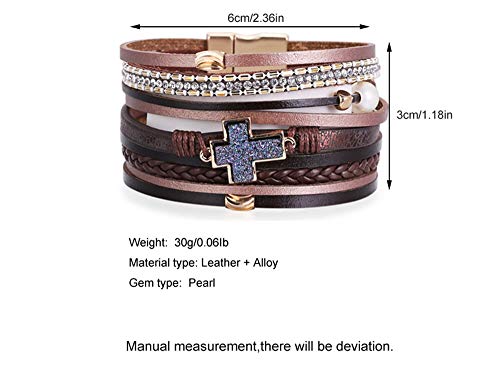 Renyilin Women Wrap Bracelet Multilayer Leather Cross Inlaid Pearl Bracelet Wristband Cuff Magnetic Clasp Jewelry Gift (Silver) #TOP5