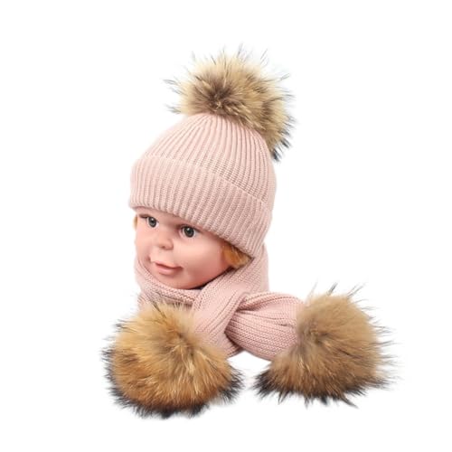 Gorro y bufanda de lana para ir al colegio en invierno conjunto infantil con bola de pelo