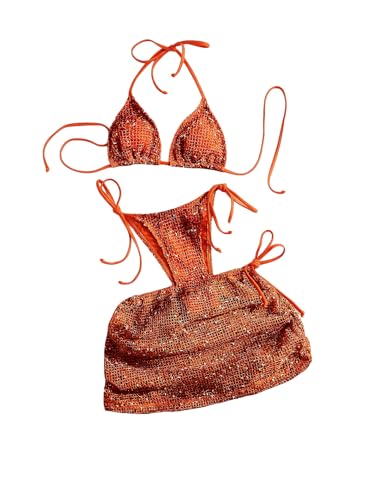 MakeMeChic Women's 3 Piece Crochet Bikini Sets with Cover Up Skirt Orange