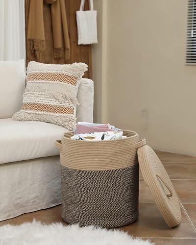 Image of SLAPPY Extra Large Storage Basket with Lid, Cotton Rope Storage Baskets, Laundry Hamper, Cloth Bin, for Clothes Towels Blankets Pillows Storage in Living Room,Multicolour (16W''X18H'' INCHE LARGE)