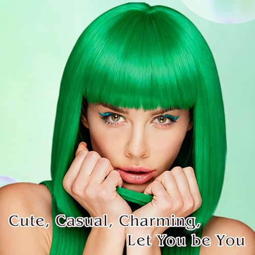 Image of PLULON Green Bob Wig with Bangs, Short Straight Bob Wig with Heart Sunglasses 12 Inch Shoulder Length Heat Resistant Synthetic Hair Cap for Women Natural Look Daily Use Cosplay Halloween Costume Party