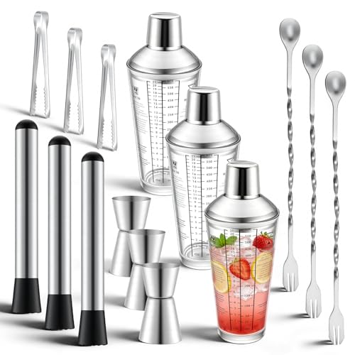 3 Pack Glass Cocktail Shaker Set, 23oz Bartender Kit with Built-in Strainer, Ice Tongs, Measuring Jigger, Muddler & Mixing Spoon, Professional Bar Tools for Home Bartending & Mixology