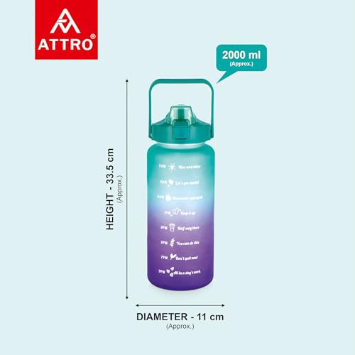 Image of ATTRO Motivational 2 Liter Quotes & Time Marker Dual Colour Sports Bottle With Easy to Carry Handle & Straw BPA Free, Leak Proof for Gym, Office, Workout- Green Purple, Plastic