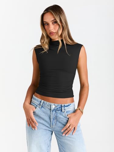 Trendy Queen Women's Going Out Basic Tank Tops Mock Neck Spring Clothes Sleeveless Cute Shirts Summer Y2K Sexy Outfits 20252