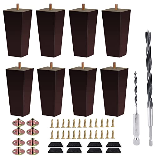 Txcucc Sofa Legs Square Bed Feet 5 inch Wood Replacement Leg for Furniture Set of 8 Dark Brown