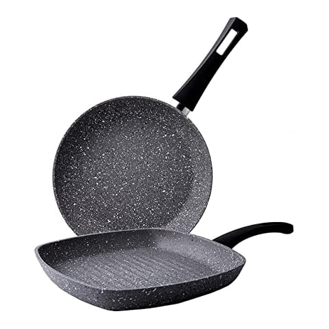 Karaca Gris Biogranite Grill Pan and Pan Set, 2 Pieces, 1 X Frying Pan 26 cm, 1 X Grill Pan 28 cm, Frying Pans, Crepe Pan Granite, Healthy Non-Stick Coating, 7X More Resisstant Against Scratches Cover