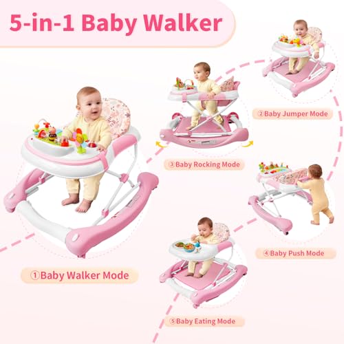 Image of 5 in 1 Baby Walker, Music and Lights Walker for Baby Boy Girls 6-12 Months, Foldable Baby Walkers with Wheels and Bouncer Combo Portable, Toddler Infant Walker with Adjustable Height