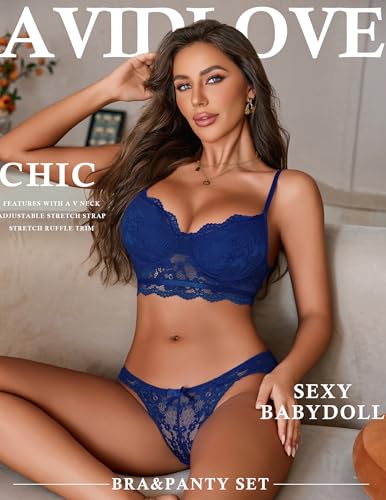 Image of Avidlove Lingerie for Women Lace Strappy Underwear V Neck Bra and Panty Sets 2 Piece Bralette Outfits