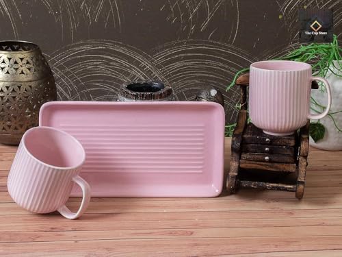 Image of Premium Ceramic Coffee Mug Set with Tray | Mugs 300 ml (Set of 2) with Matching Serving Tray | Modern Stoneware Cups | Ideal for Tea, Coffee & Gifting (Pink)