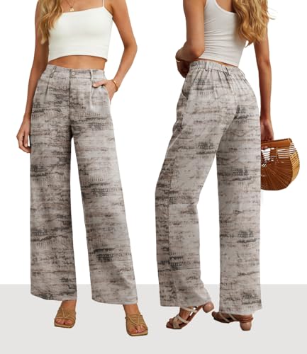 Image of Feiersi Womens Casual Wide Leg Pants High Waisted Button Down Straight Long Trousers Palazzo Pants