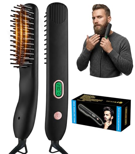Heated Beard Straightener for Men Travel & Home 6 Heating Level Up to 230 HD LCD Display Ergonomic Grip Design Silicone-Like Texture 6.6FT Corded Beard Comb for Men Grooming