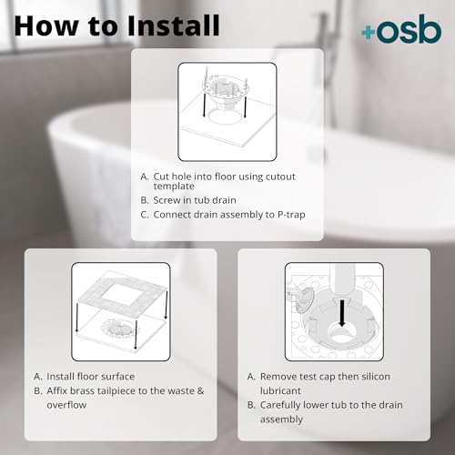 OS&B ITD35 - Two Piece ABS Pipe Freestanding Tub Drain Kit & Rough-In - Easy Installation, Asymmetrical Deck Plate, Water, Air, & Smoke Testable - Designed for 8"/10" Joist Spaces & Tight Bathrooms