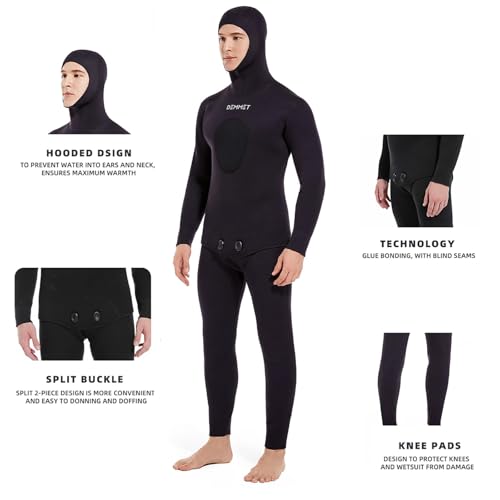 DEMMET Men Neoprene 5MM/7MM Spearfishing Wetsuit with Hooded, 2 Pieces Long Sleeve Hunting Diving Suit with Loading Chest Pad for Cool Water Freediving Snorkeling Swimming