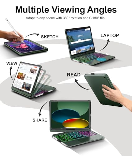 Image of Baisla for iPad (A16) 11th /10th Gen Case with Keyboard,360 Rotating,Trackpad Keyboard for iPad Air 11 (M4 /M3 /M2)&iPad Air 5th /4th /Pro 11 4th /3rd /2nd /1st,Rainbow Backlit with Pencil Holder-Dark Green