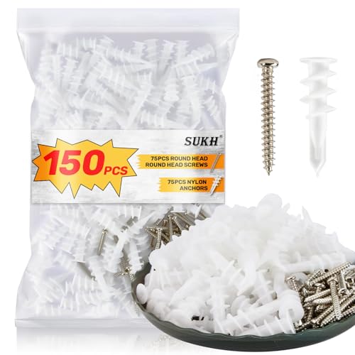 Sukh150 PCS Self Drilling Drywall Anchors - Nylon Anchor Screws Drywall Dry Wall Anchors and Screws Kit 75 Screws and 75 Anchors Self Mounting Screws Drywall Screws and Anchors for Hanging,Mounting