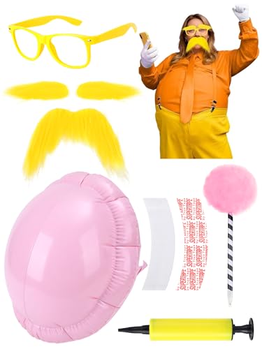 fulasiteu 6Pcs Fake Inflatable Belly Costume Yellow Mustache and Eyebrows with Balloon Pump Fun Cosplay Props for Reading Week Halloween Party Costume Role-Playing Unisex Accessories