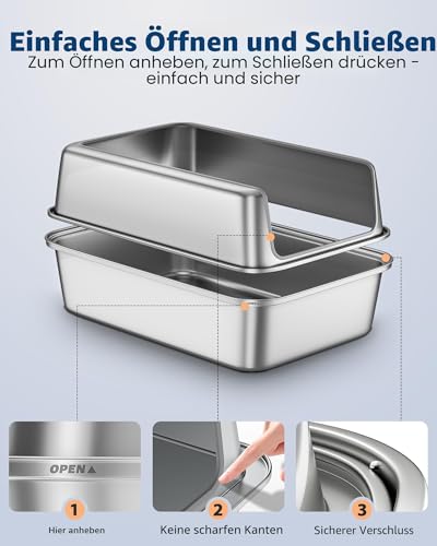 Katzenklo Edelstahl, VollMetall Katzentoilette Groß XXL, Katzenklo mit Abnehmbares Hoher Rand, Katzenklo für Katzen Aller Größen, Antihaftbeschichtet, Geruchsfrei, Leicht zu Reinigen