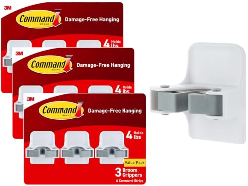 Image of Command Broom Grippers, 3 Hangers and 6 Strips, Damage-Free Mop and Broom Holder Wall Mount, Household Cleaning Tool Organizer for Kitchen, Laundry Room, Closet, Holds up to 4 lb (Pack of 3)