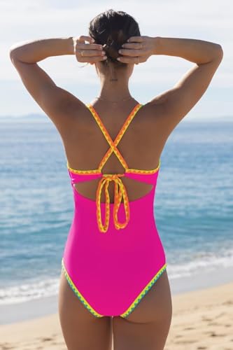 Image of popvil Women One Piece Swimsuit Deep V Neck Neon Cute Bathing Suit | Neon Contrast Trim, Adjustable Straps, Cutout, Soft Stretch Fabric, Back Tie, Quick-drying, Beach, pool, cruise vacation