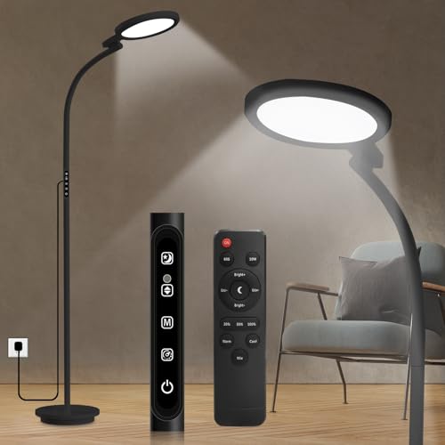 Image of Light Therapy Lamp 10000 Lux UV-Free Sun Floor Lamp, 360 Gooseneck Happy Lamp with 5 Colors & 5 Brightness Levels & Remote Control + Touch Dual Control (Black)