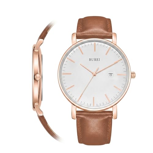 Image of BUREI Men's Fashion Minimalist Wrist Watch Analog Date with Leather Strap