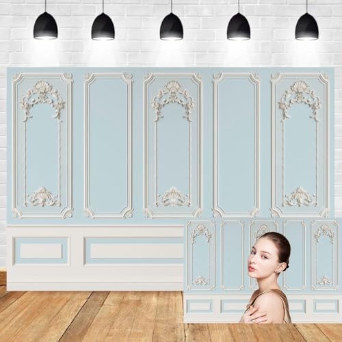 Leyiyi 12x10ft Blue White Vintage Room Inside Backdrop European Frame Modern House French Castle Cementery Wall Retro Style Photo Background Cowboy Kids Birthday Portrait Studio Props Vinyl Wallpaper