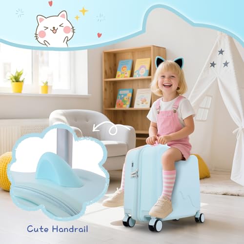 20 inch Ride On Hardshell PC Luggage for Kids, 3 Level Height Handlebar 360° Silent Spinner Wheels kid Luggage,Adorable Handrail Spacious Interior Suitcases for Children (Blue with Cute Handrail)4
