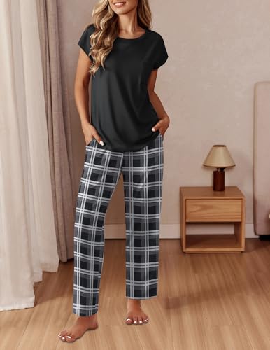 Image of Ekouaer Womens Pajama Sets Cap Sleeve Sleepwear Tops and Long Pants Comfy Pjs 2 Piece Lounge Set with Pockets S-XXL