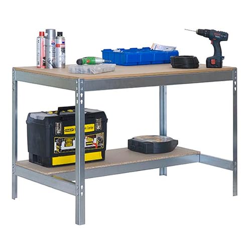 Simon Rack Banco da lavoro per officina, capacità di carico 400 kg, 842x910x610 mm, tavolo da lavoro fai da te, Zincato/Legno - BT0