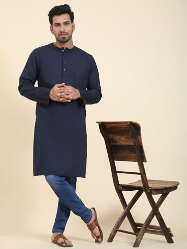 Image of Amazon Brand - Anarva Men's Cotton Solid Round Neck Kurta Long Sleeves Straight Knee Length Casual Shirt