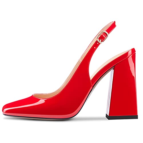 Aachcol Women Slingback Chunky Block High Heel Pumps Close Square Toe Ankle Strap Dress Shoes Party Wedding Patent 4 Inch2