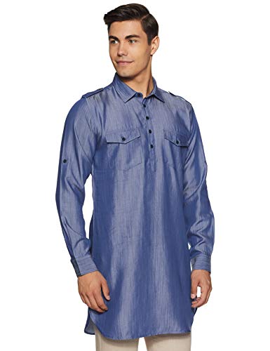Image of Men's Cotton pathan Suit Indo Western Kurta (ICMMF04SC22L01-01 Blue Medium)