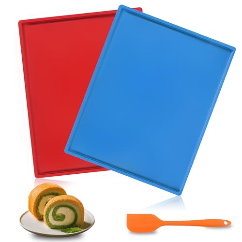 2 PCS Swiss Roll Cake Mat Silicone Baking Trays for Oven Non Stick Baking Pad Heat Resistant Swiss Roll Tin Sheets Dehydrator Mats with Scraper (Red+Blue)