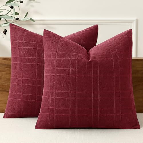 Image of MIULEE Linen Plaid Pillow Covers Christmas Decorative 20x20 Burgundy