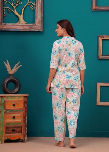 Image of Women Cotton Relaxed Fit Fit and Flare Suit | Printed Night Suit | Half Sleeve Co-Ord Set