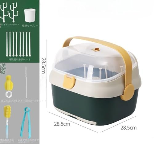 おしゃれ 哺乳瓶ラック 乾燥ラック 収納ボックス 食器 ボトル 水切り ほこり防止 衛生的 カバー付き トレー付き 回転通気口 乾燥 持ち運び便利 大容量 プレゼント (グリーン,箱+掃除道具)