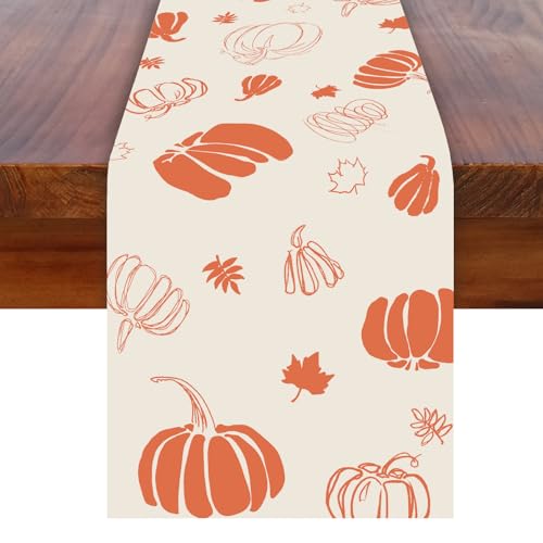 FEXIA Fall Table Runner 13 X 72 Inch Pumpkins Maple Leaves for Fall Decor Orange and Beige Table Runner for Autumn Thanksgiving Halloween Kitchen Dining Table Decoration for Home Party Decor (Beige)