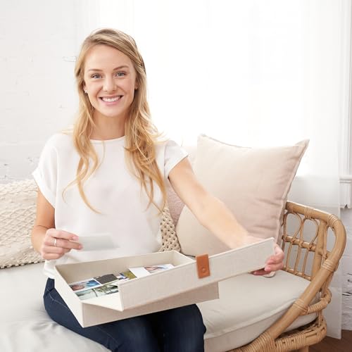 ZICOTO Decorative Photo Storage Box with Lid - A Beautiful Linen Organizer Perfect to Safely Store Your Pictures, Documents, Scrapbooking Supplies, Keepsakes and Other Memories in Style