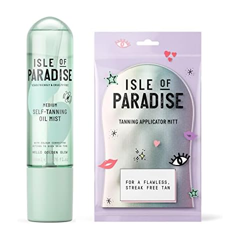 Isle of Paradise Mist & Glow Kit - Medium - Vegan and Cruelty Free - Tanning Oil Mist + Tanning Mitt - Color Correcting Actives for Natural Glow - Sunless Tanning Body Oil with Blending Mitt Cover