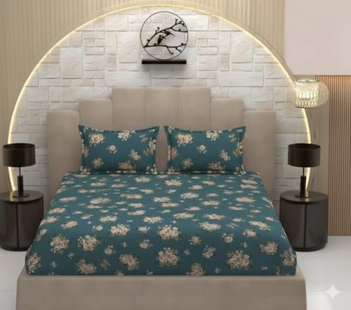 Image of 3D Print 180 TC Cotton Feel All Around Elastic Fitted Bedsheets King Size, for Double Bed with 2 Pillow Covers, Size- 78 inch x 72 inch (Green Flower)