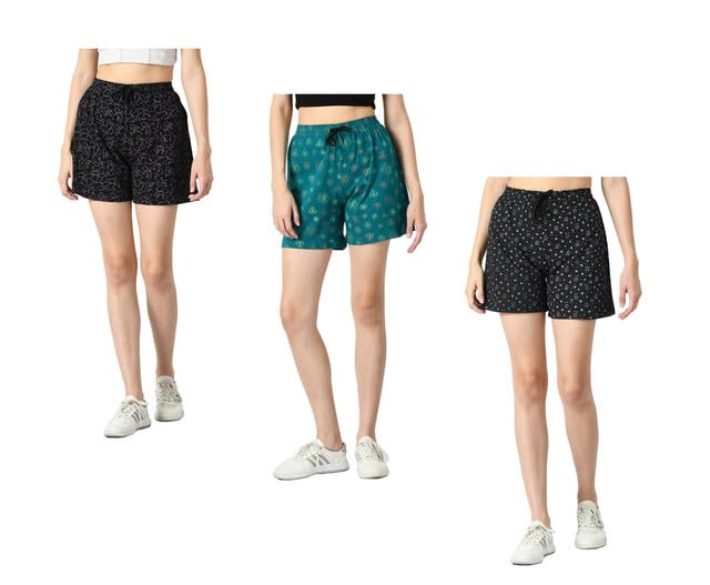 Cotton Printed Regular Fit Shorts Hotpant for Women (Pack of 3) Navy Blue::Bottle Green::Black-image-49