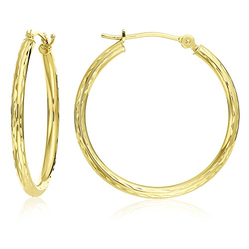 14k Yellow Gold Hand Engraved Full Diamond-cut Round Hoop Earrings